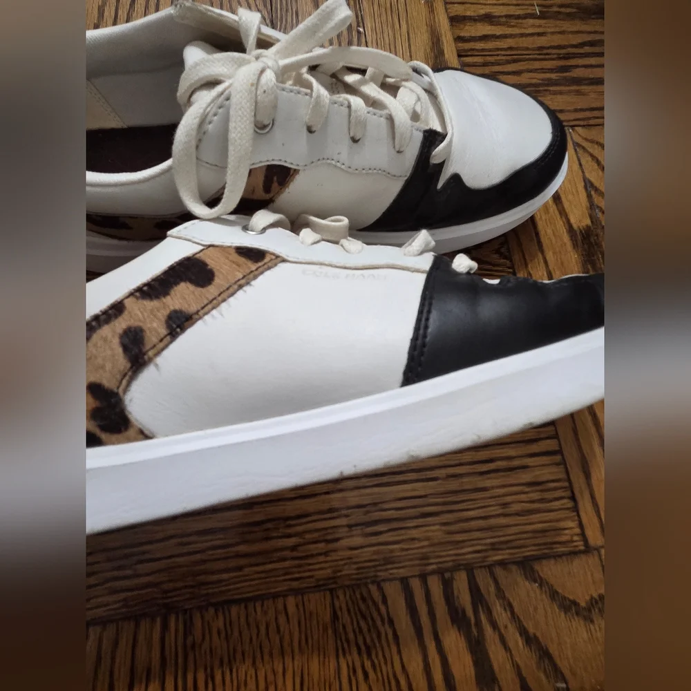 Cole Haan Women's White & Black Leather Leopard-Accent Sneaker Grand Crosscourt - Picture 8 of 16